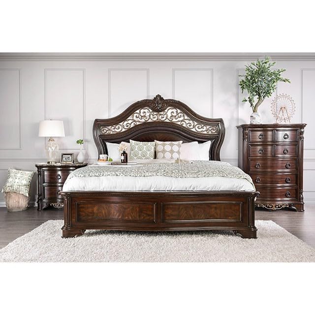 California King Size Brown Cherry Bed Frame with Camel Back Headboard E2912