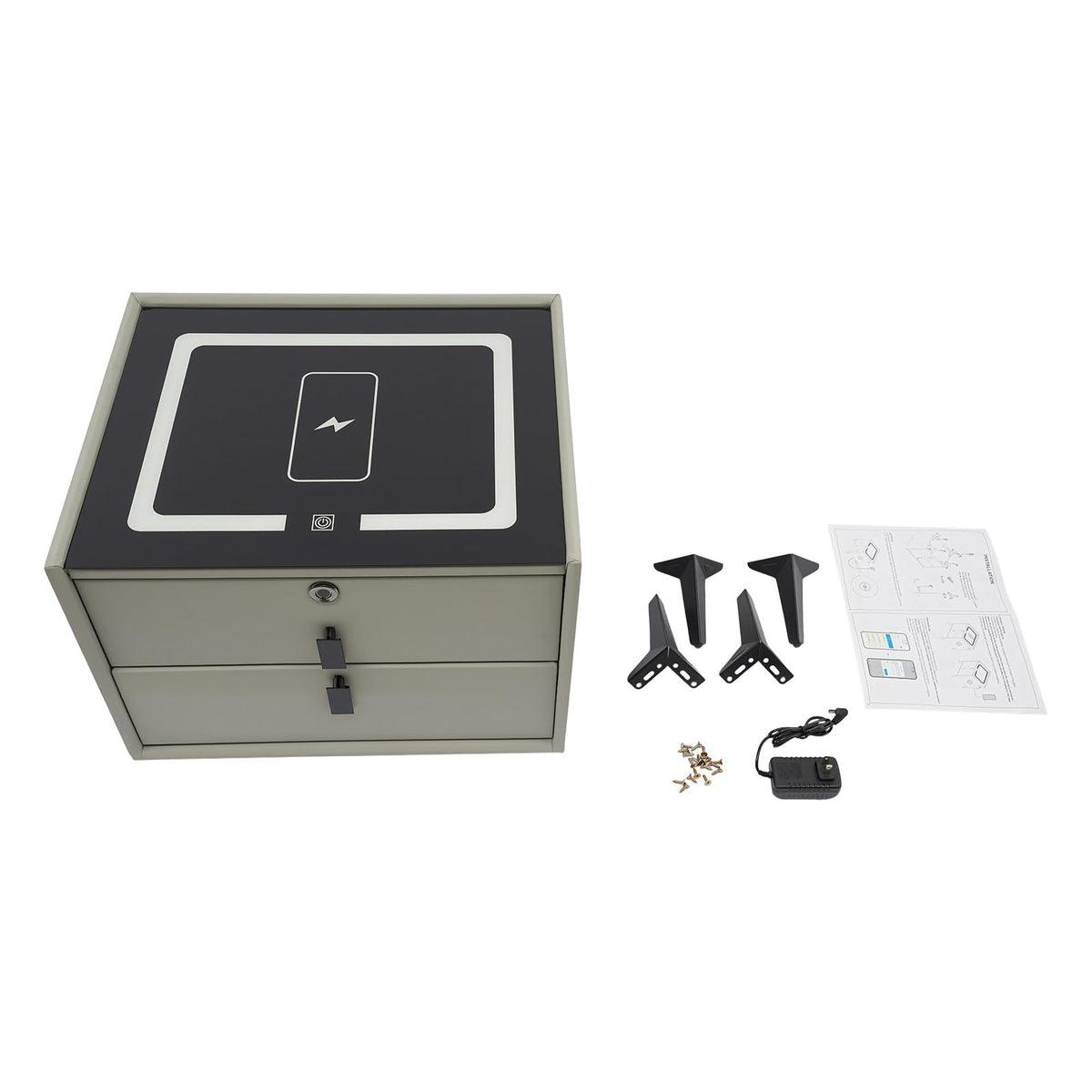Light Gray Solid Wood Nightstand with Charging Station and 2 Drawers A56848