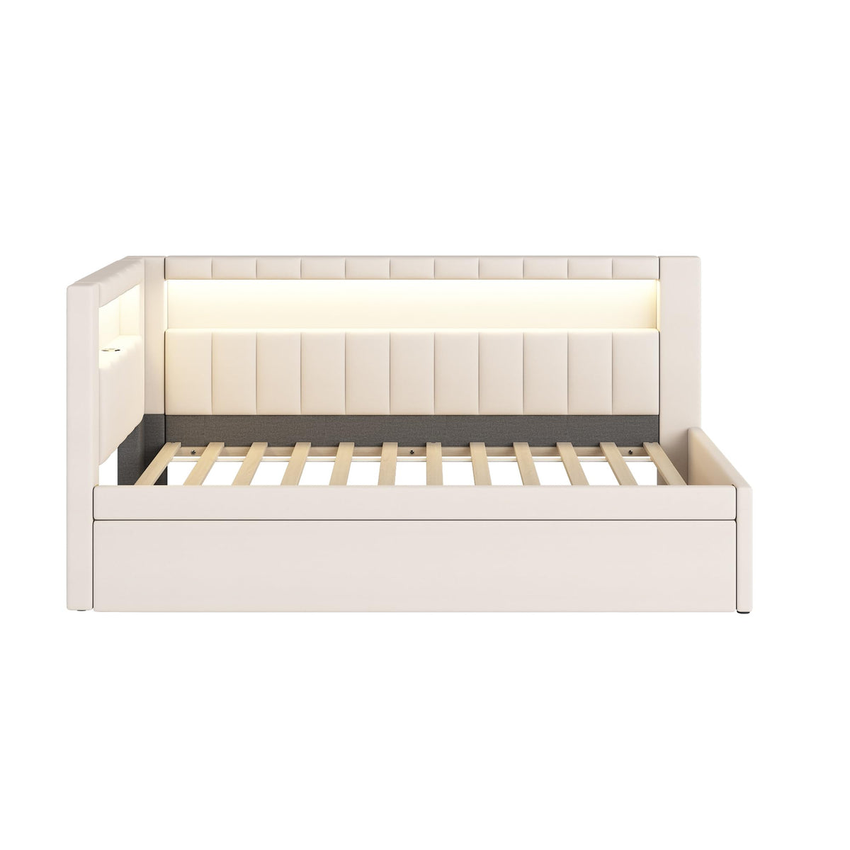 Twin Size Upholstered Daybed with Trundle and USB LED Belt R3894