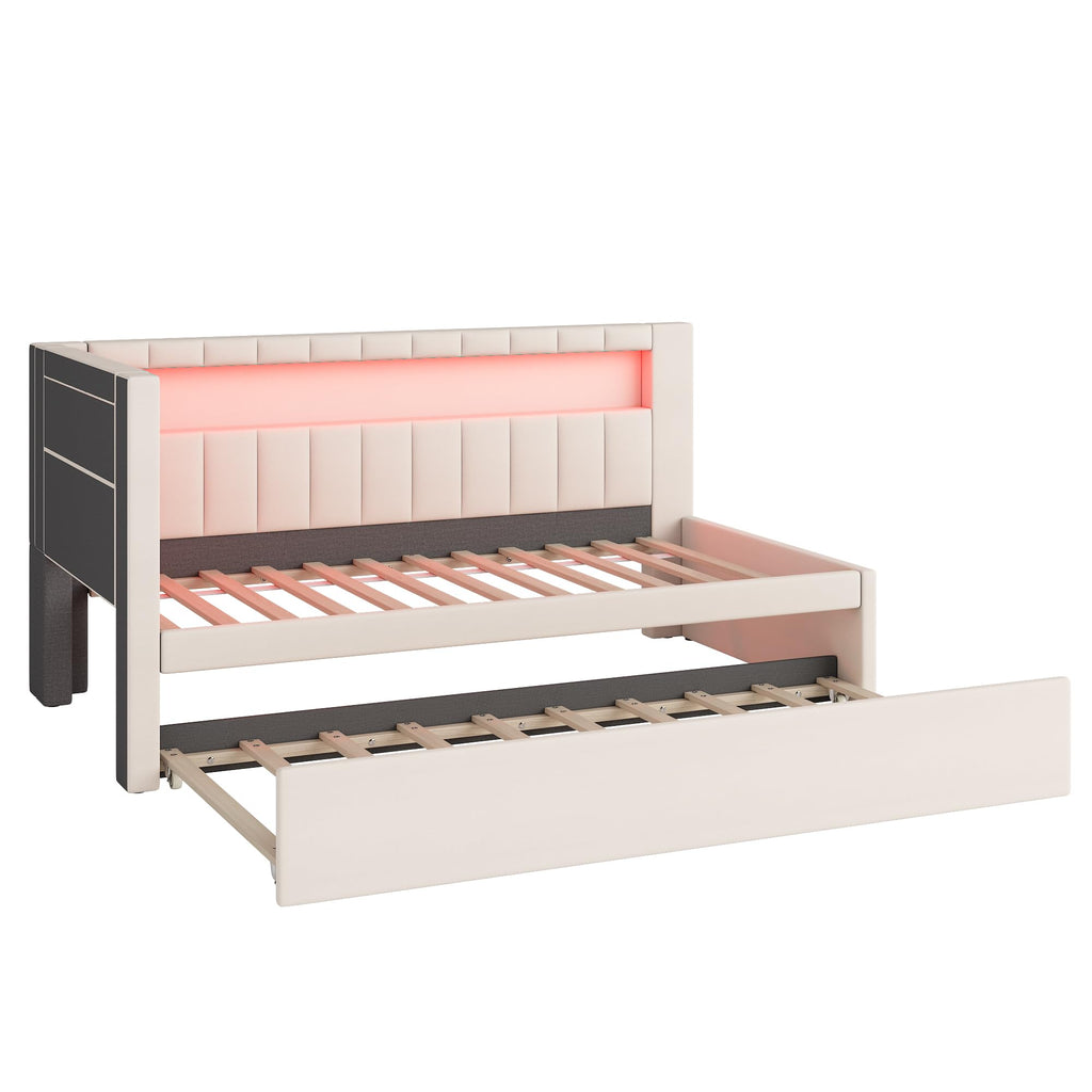 Twin Size Upholstered Daybed with Trundle and USB LED Belt R3894