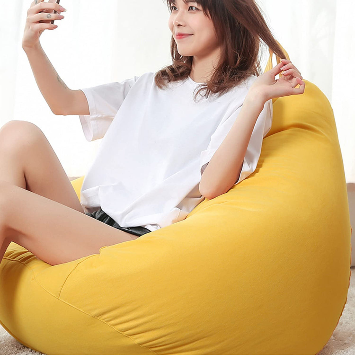 Yellow Bean Bag Chair Cover Only Washable Stuffed Animal Storage 90x110cm S307537