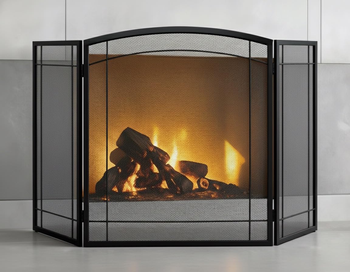 3 Panel 48" W x 29" H Foldable Wrought Metal Decorative Mesh Fireplace Screen V2283