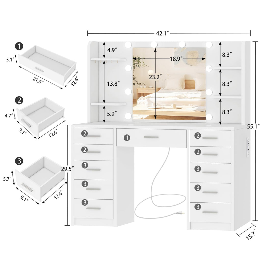 White Vanity Desk with Mirror and Lights T55645