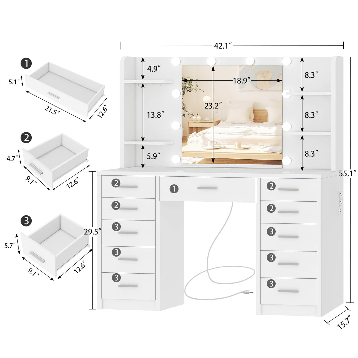 White Vanity Desk with Mirror and Lights T55645