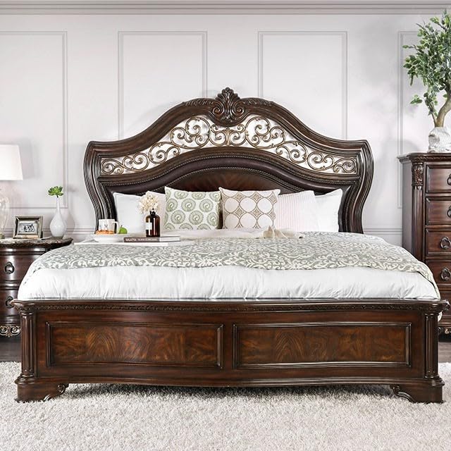 California King Size Brown Cherry Bed Frame with Camel Back Headboard E2912