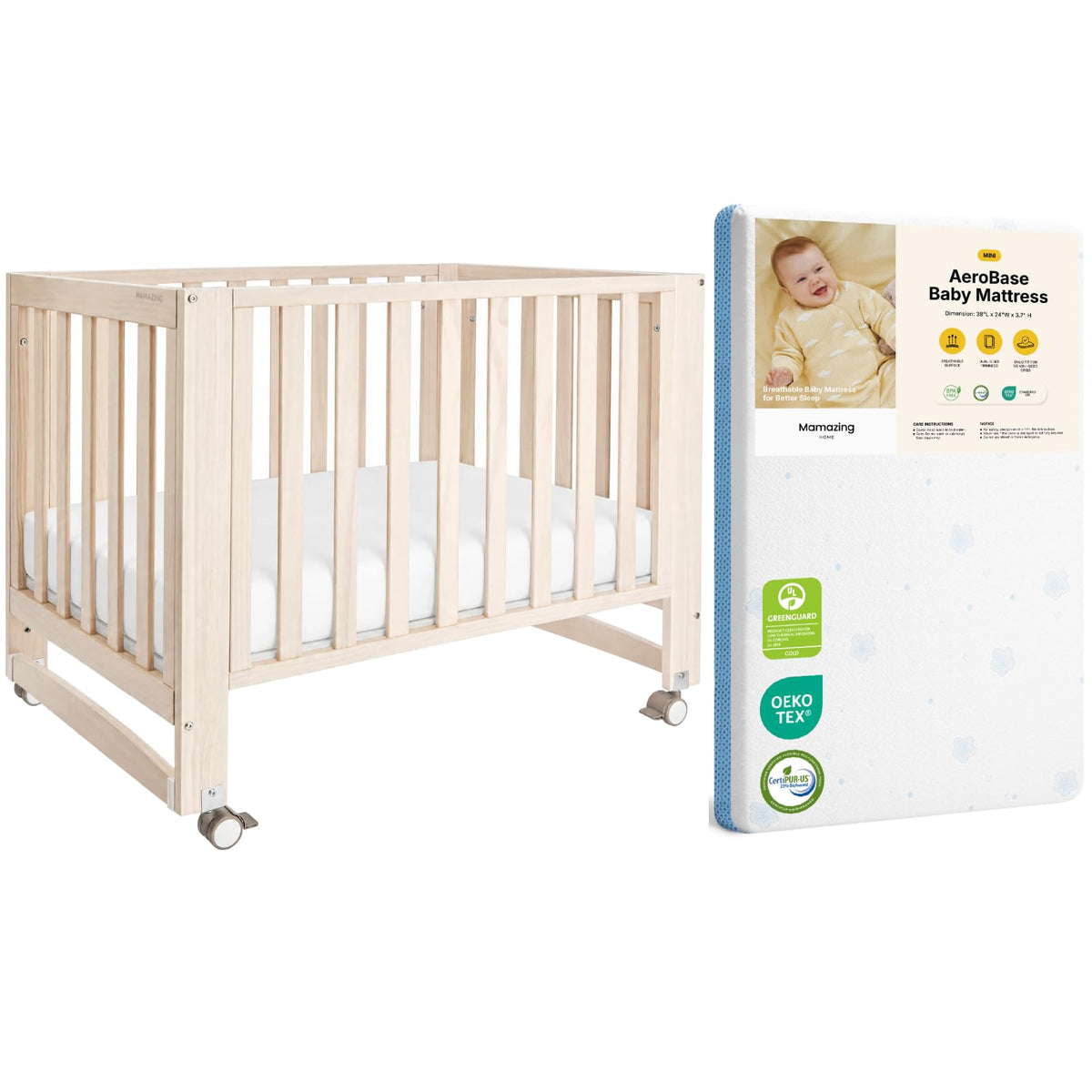 Mini Crib with Mattress and Wheels A857