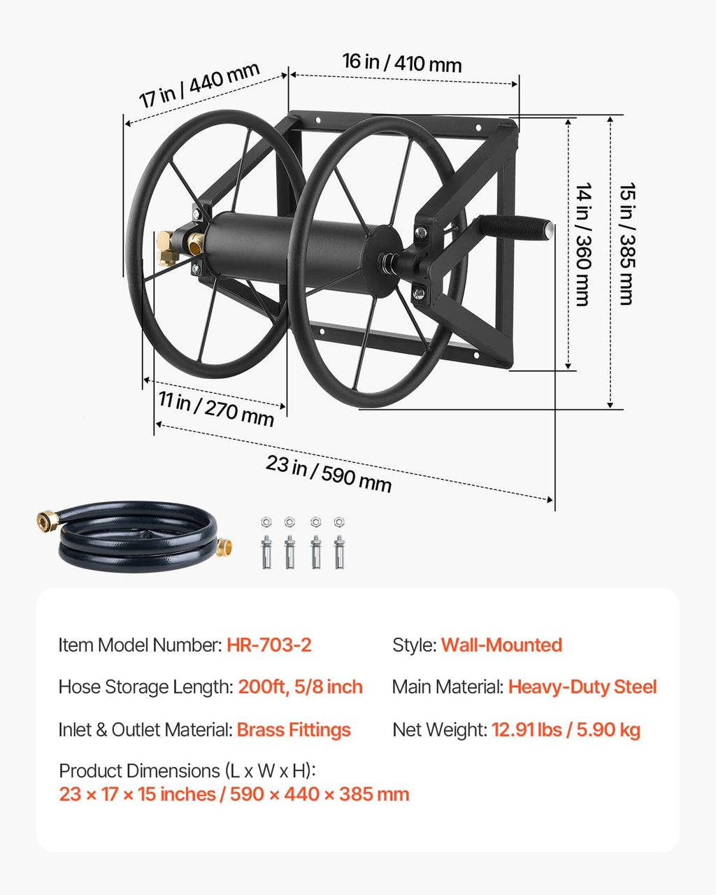 Wall Mounted Garden Hose Reel, Holds 200 ft 5/8-inch, Heavy-Duty Steel N154778