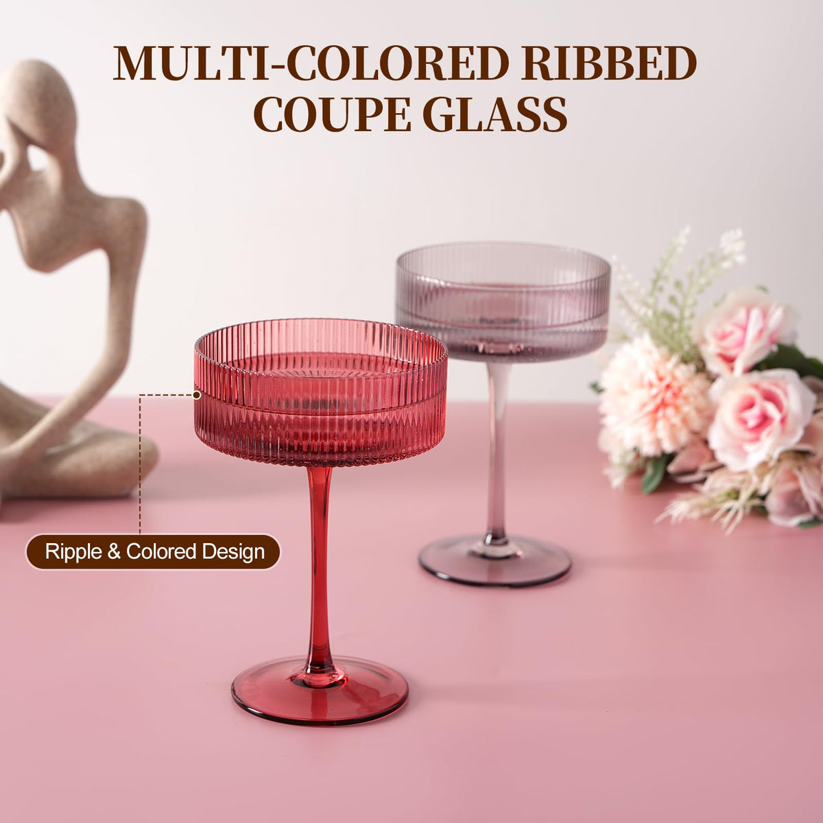 9Oz Ribbed Crystal Hand Blown Coupe Cocktail Glasses Q798802