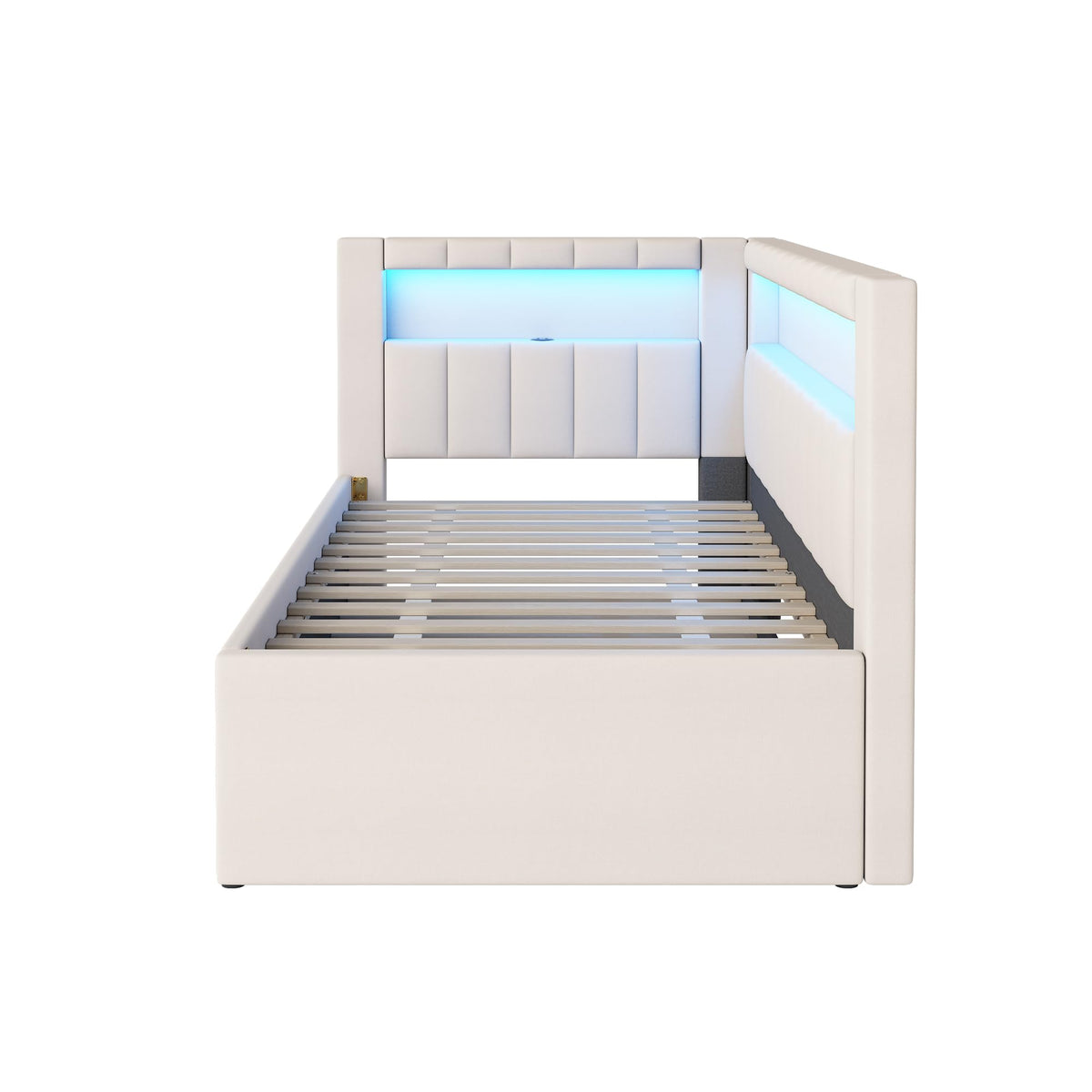 Twin Size Upholstered Daybed with Trundle and USB LED Belt R3894