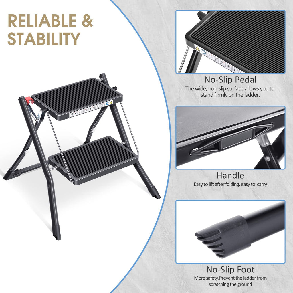 Folding Step Ladder, 2 Step Step Stool with Handle, Black D8750