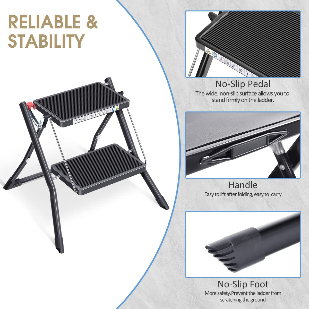 Folding Step Ladder, 2 Step Step Stool with Handle, Black D8750