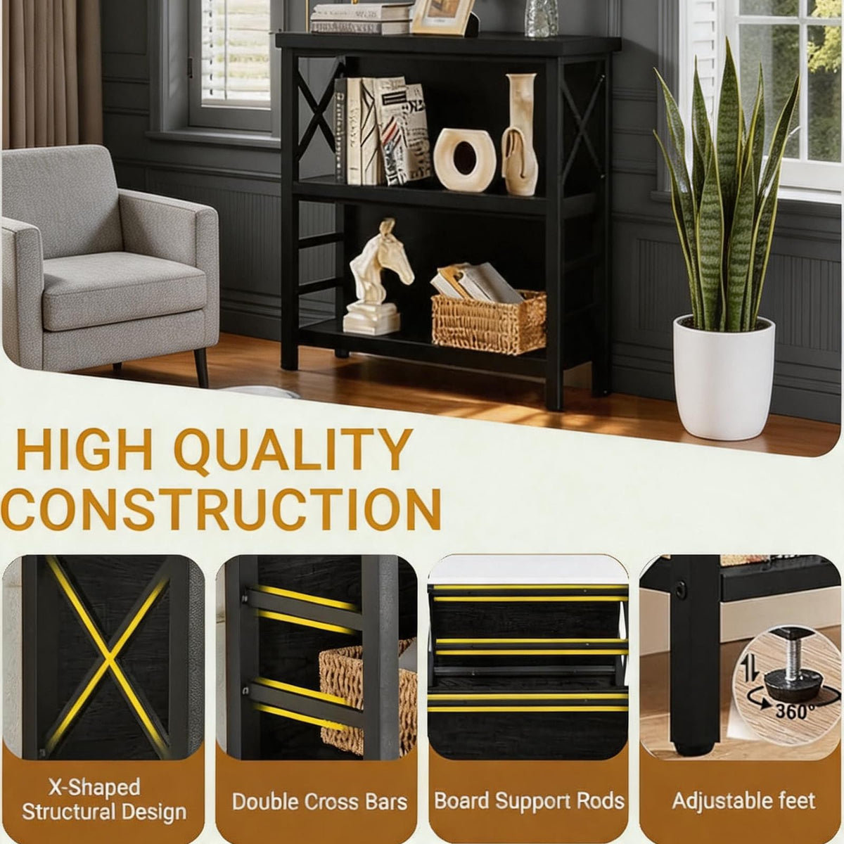 Black 3-Tier Metal Bookshelf O71105