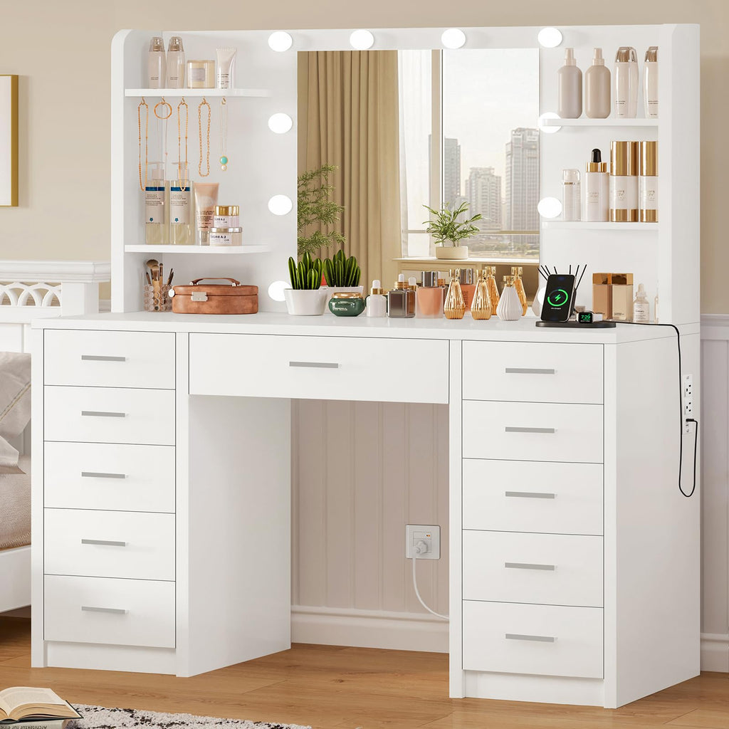 White Vanity Desk with Mirror and Lights T55645