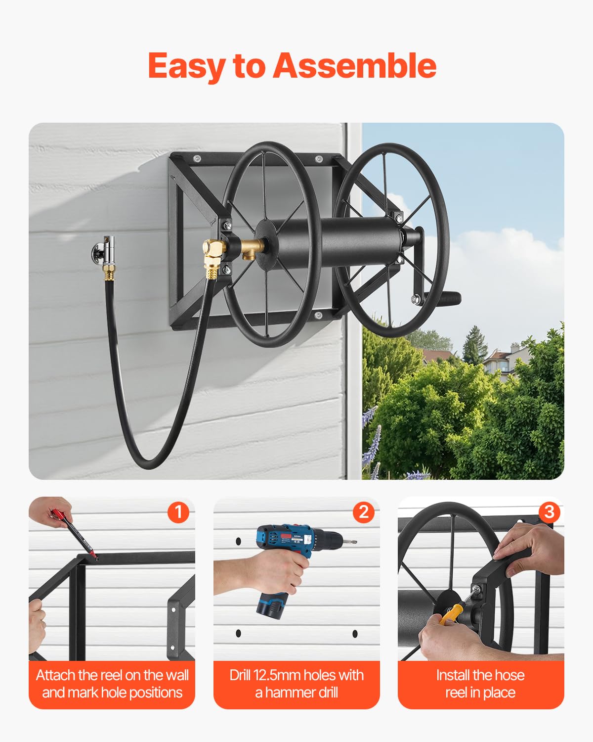 Wall Mounted Garden Hose Reel, Holds 200 ft 5/8-inch, Heavy-Duty Steel N154778