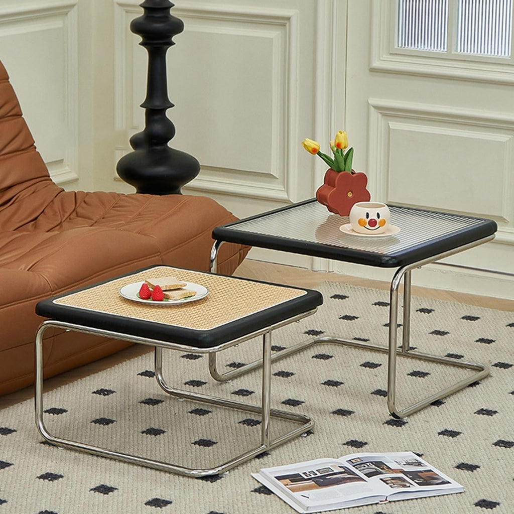 Mid Century Modern Coffee Table Set of 2 Square Metal Base I8897