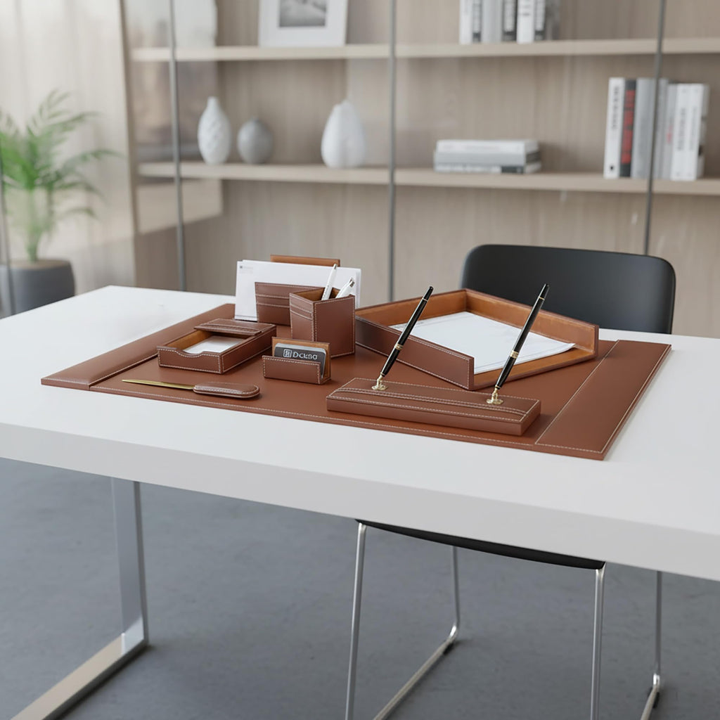 Rustic Brown Leather Desk Set, 8-Piece W2688