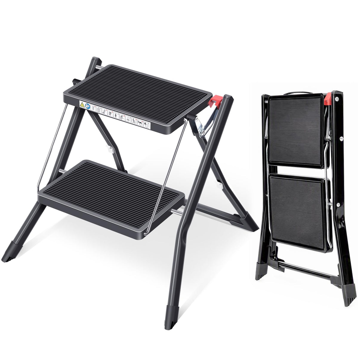 Folding Step Ladder, 2 Step Step Stool with Handle, Black D8750