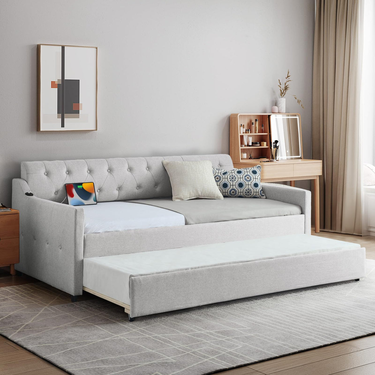 Beige Linen Upholstered Daybed with Pop Up Trundle V341