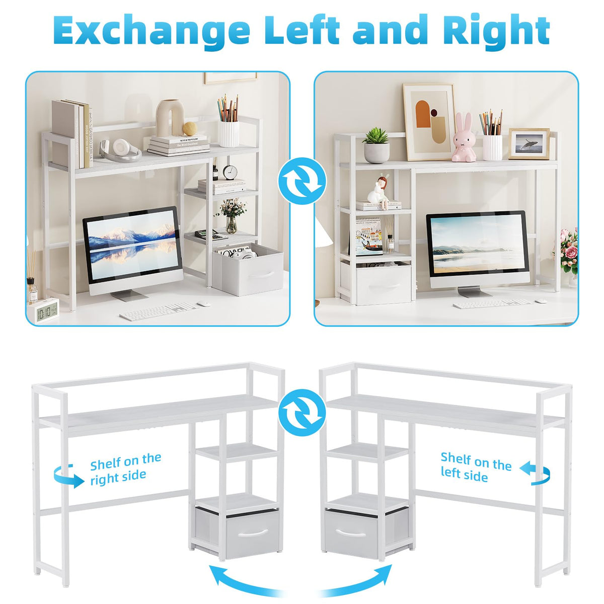 White Wood Desk Shelf with Drawer J351833