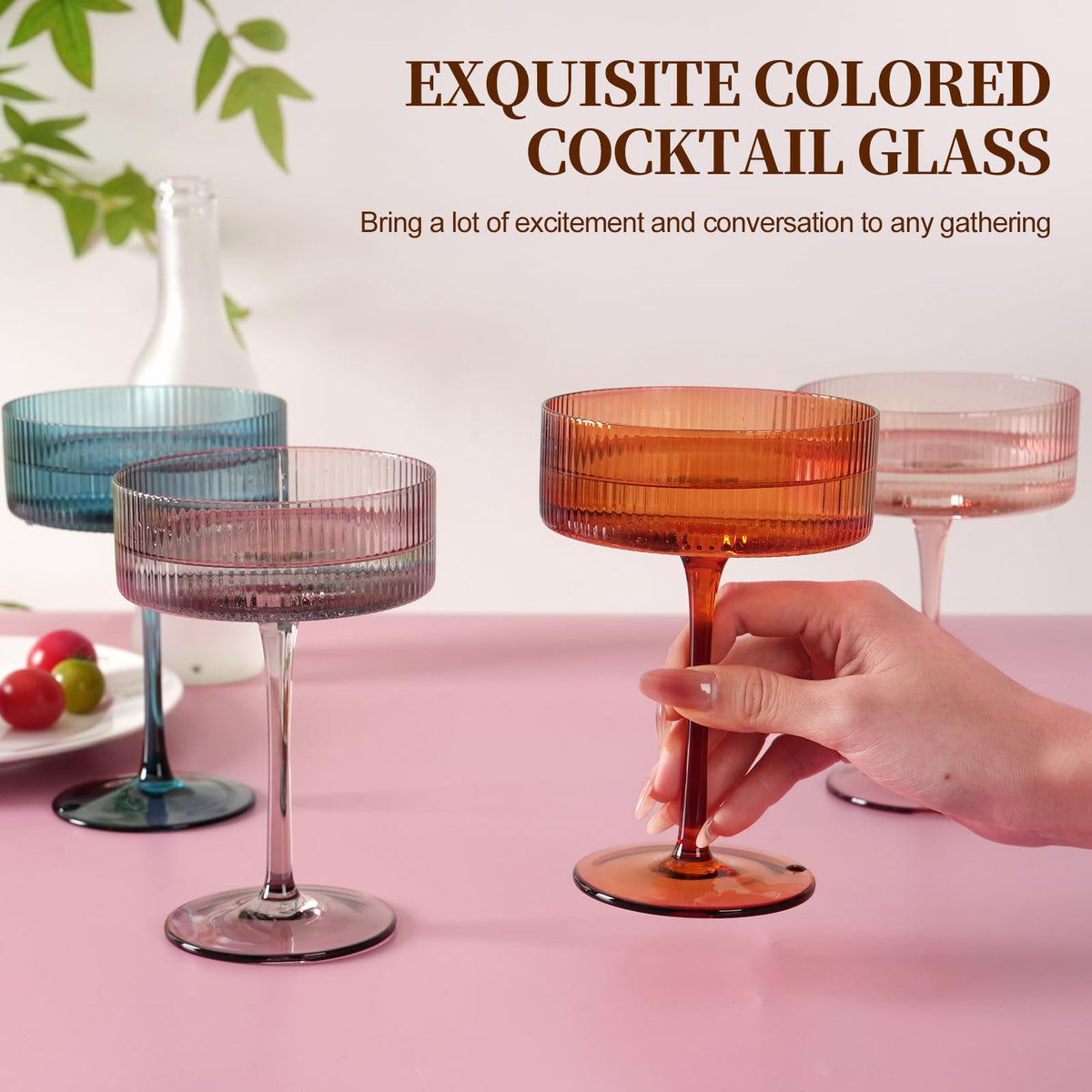 9Oz Ribbed Crystal Hand Blown Coupe Cocktail Glasses Q798802
