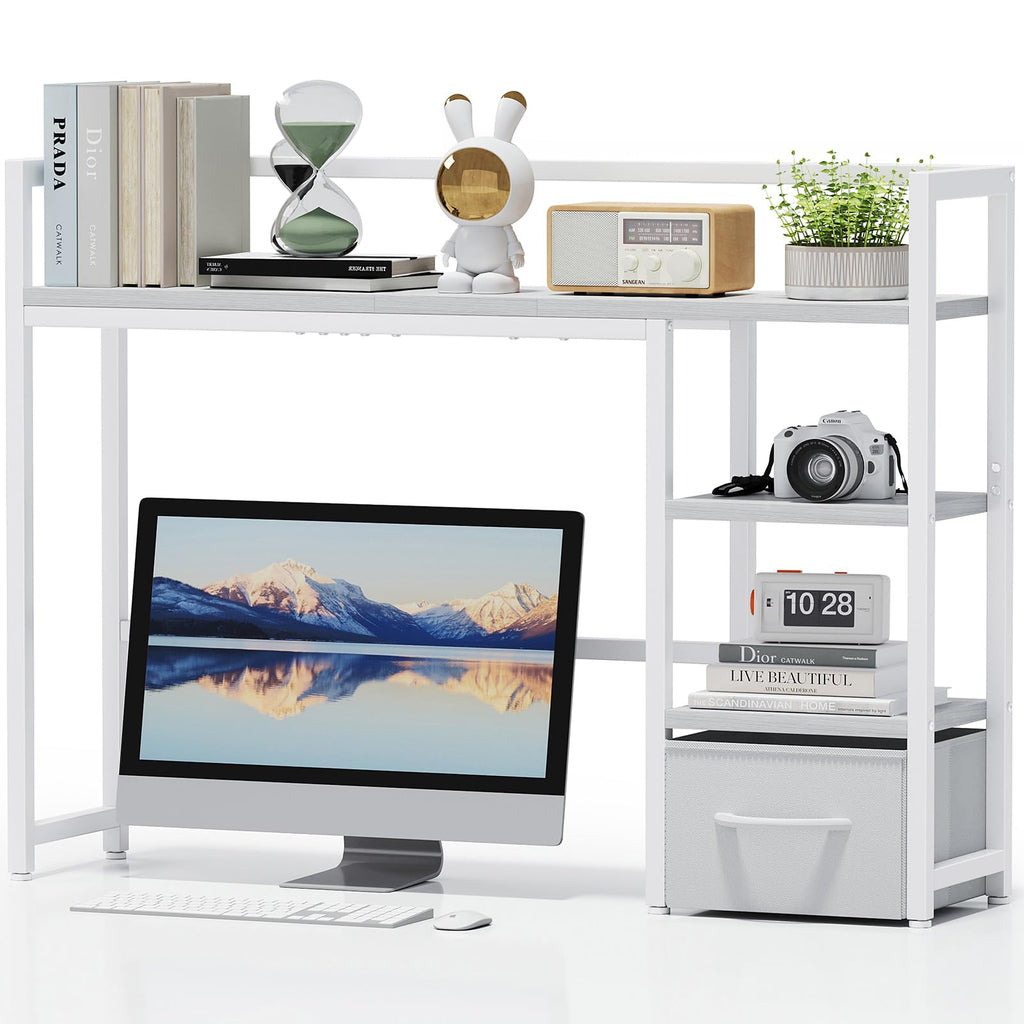 White Wood Desk Shelf with Drawer J351833