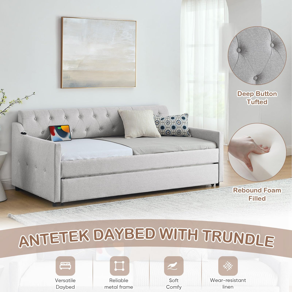 Beige Linen Upholstered Daybed with Pop Up Trundle V341