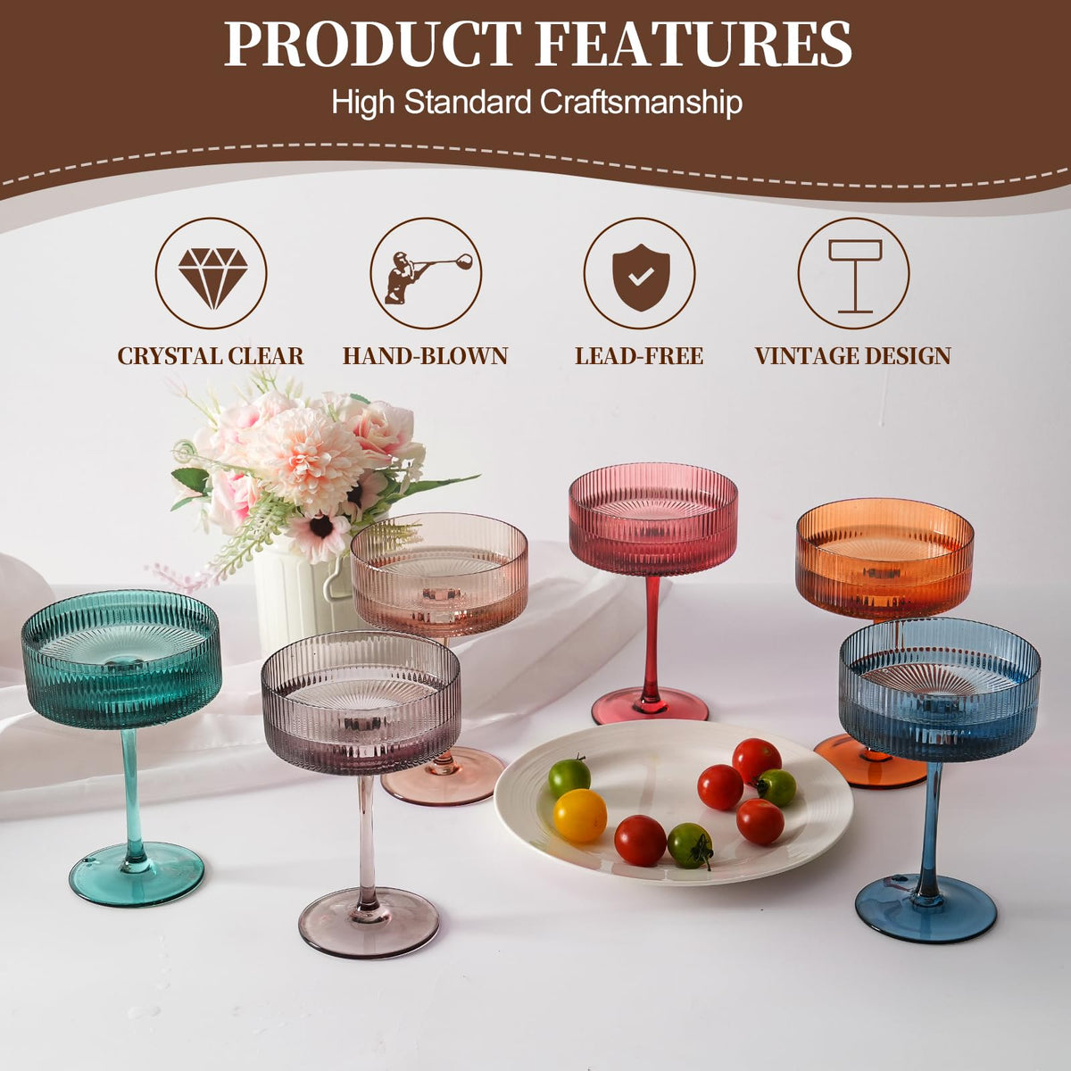 9Oz Ribbed Crystal Hand Blown Coupe Cocktail Glasses Q798802