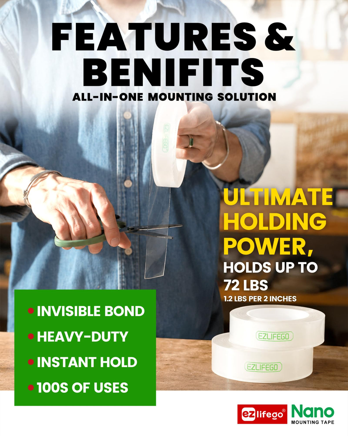 Heavy Duty Double Sided Mounting Tape, 9.85FT A3446