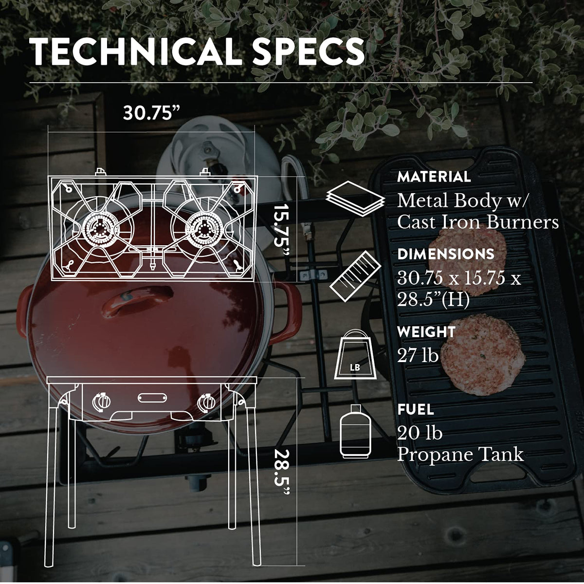 Propane Double Burner Camp Stove with Windscreen and Removable Legs E749