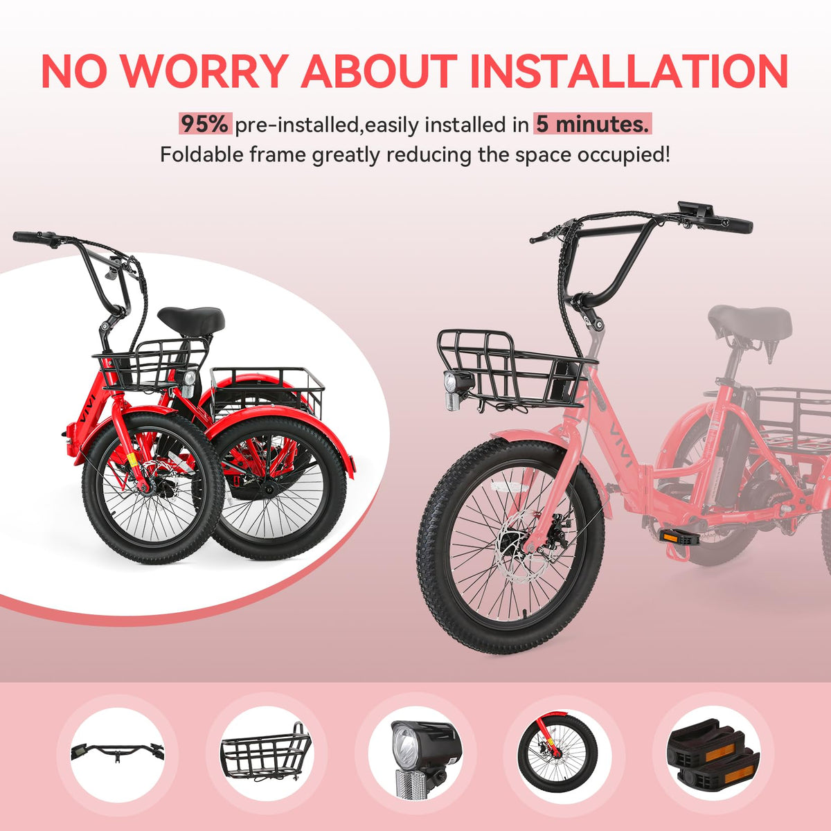 Electric Tricycle for Adults with Basket, Folding 3-Wheel Electric Bike with Removable Battery M85287
