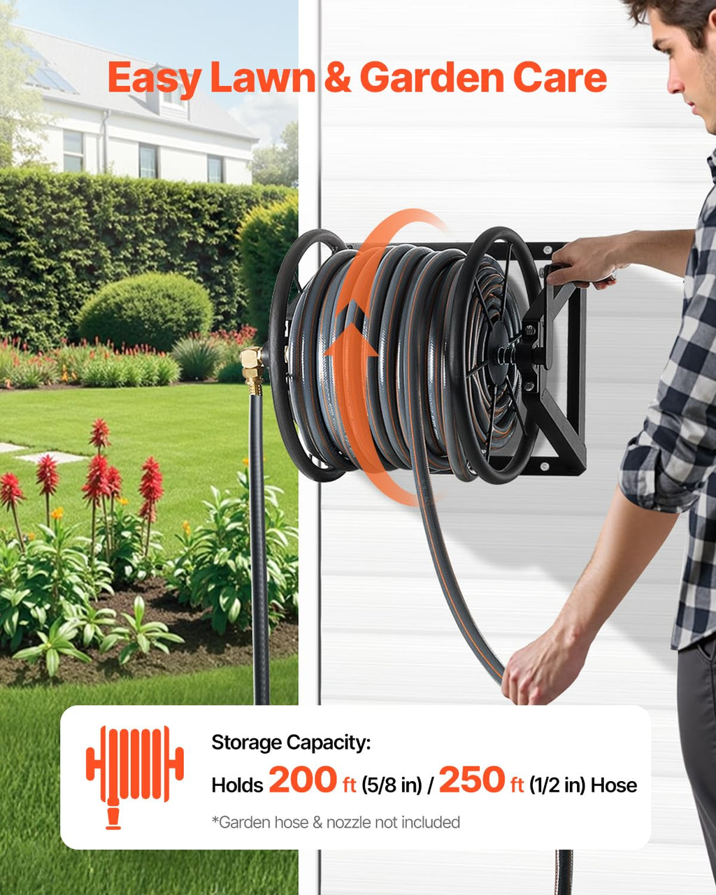 Wall Mounted Garden Hose Reel, Holds 200 ft 5/8-inch, Heavy-Duty Steel N154778