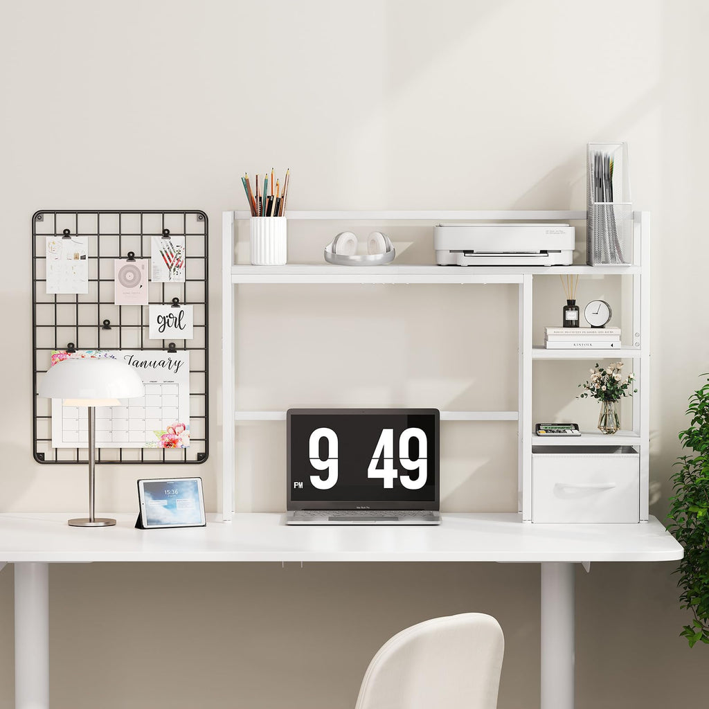 White Wood Desk Shelf with Drawer J351833