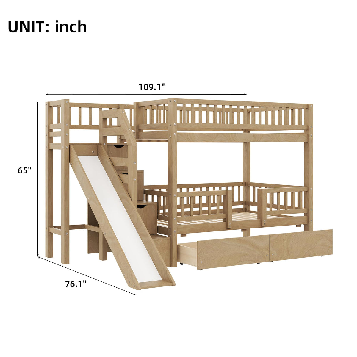 Twin Over Twin Bunk Bed with Slide and Storage Drawers D788121