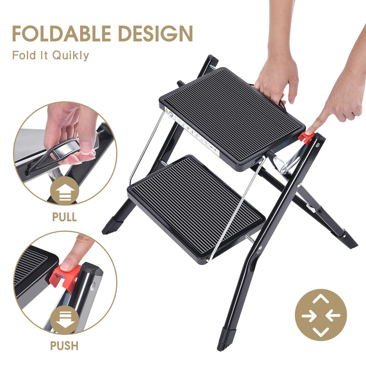 Folding Step Ladder, 2 Step Step Stool with Handle, Black D8750