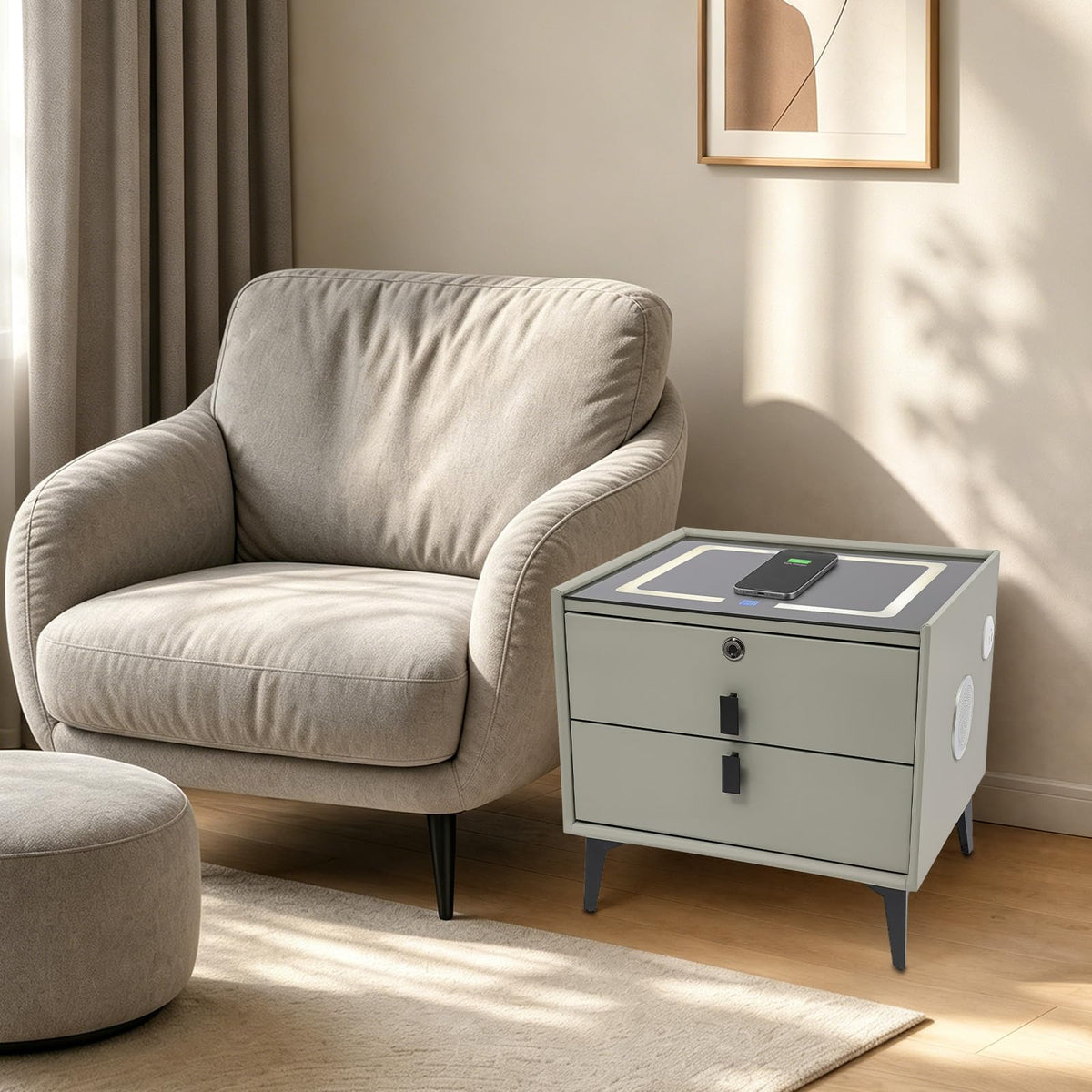 Light Gray Solid Wood Nightstand with Charging Station and 2 Drawers A56848