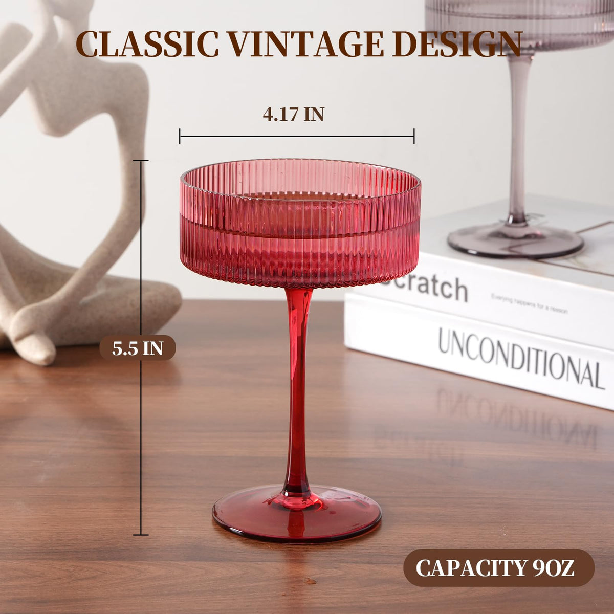 9Oz Ribbed Crystal Hand Blown Coupe Cocktail Glasses Q798802