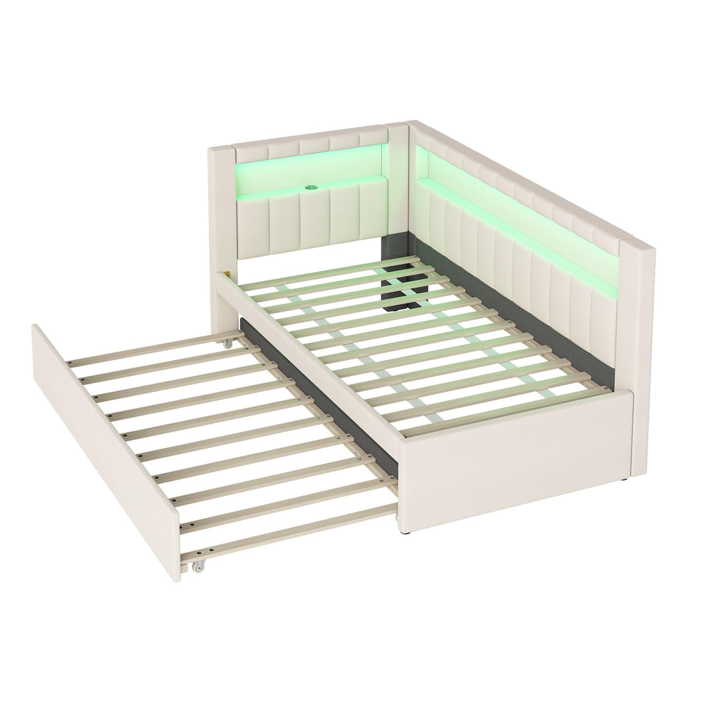 Twin Size Upholstered Daybed with Trundle and USB LED Belt R3894