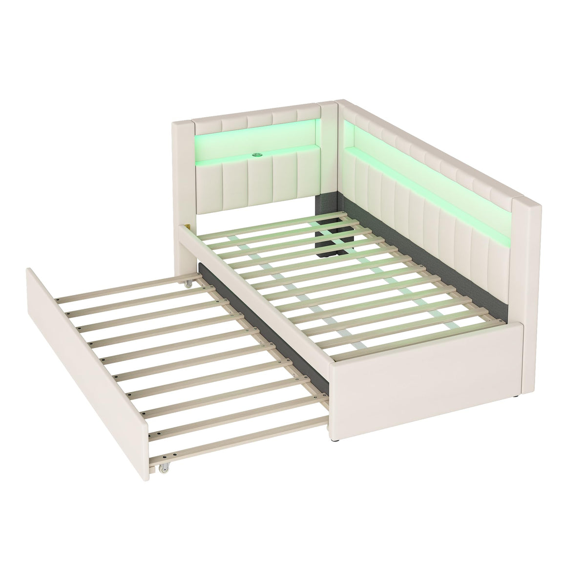 Twin Size Upholstered Daybed with Trundle and USB LED Belt R3894