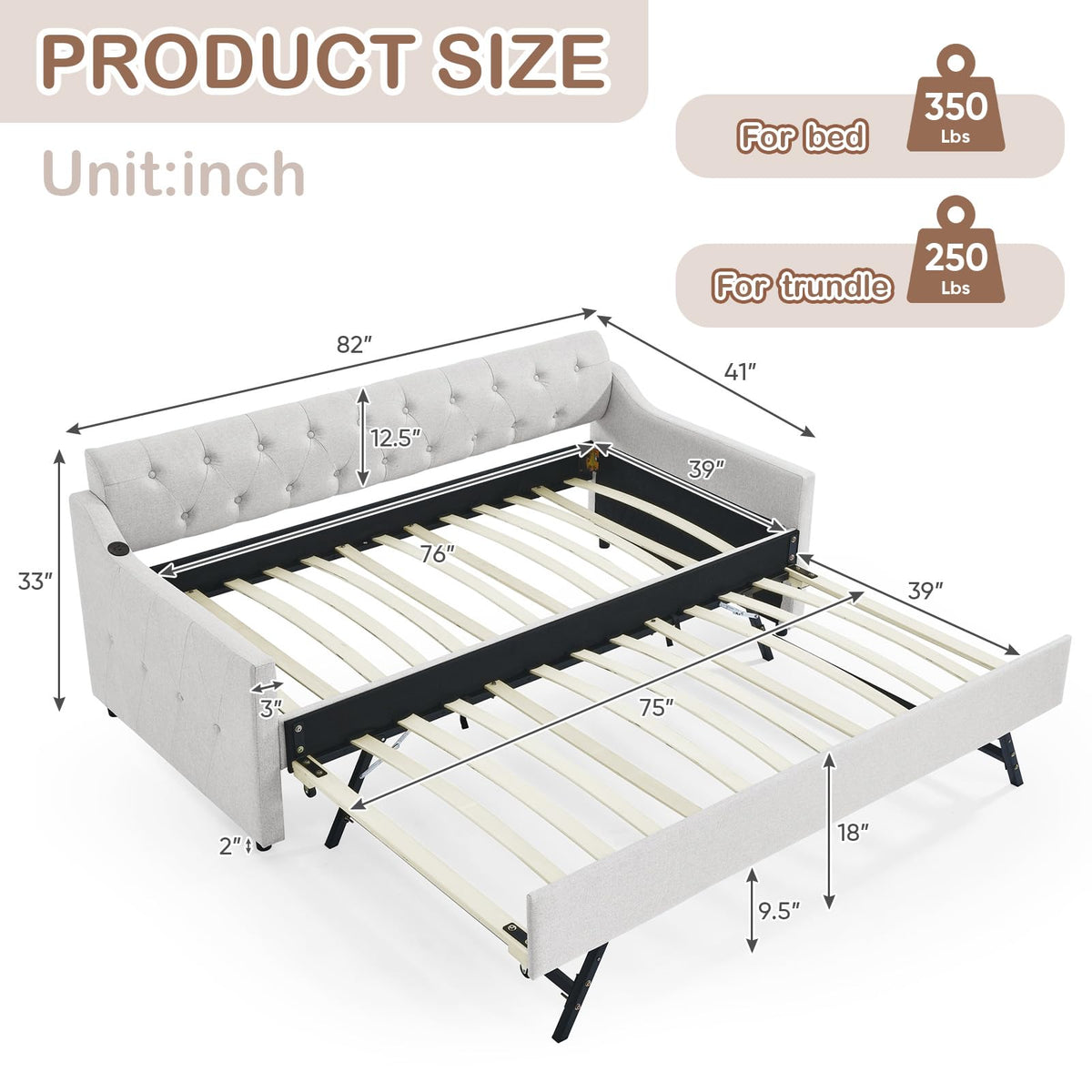 Beige Linen Upholstered Daybed with Pop Up Trundle V341