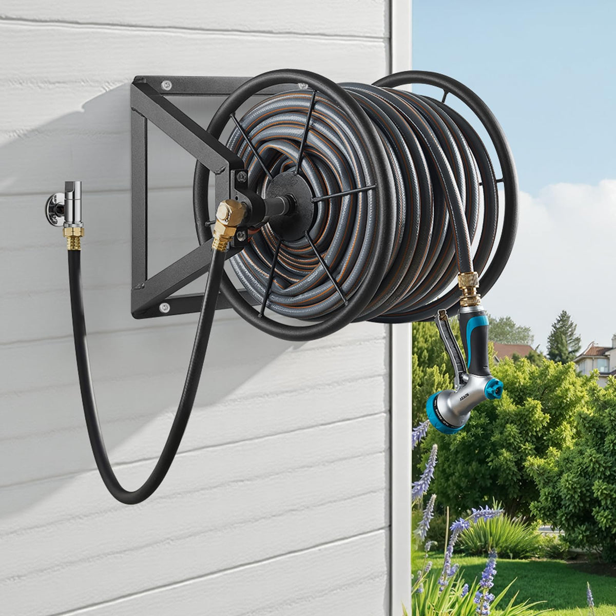 Wall Mounted Garden Hose Reel, Holds 200 ft 5/8-inch, Heavy-Duty Steel N154778