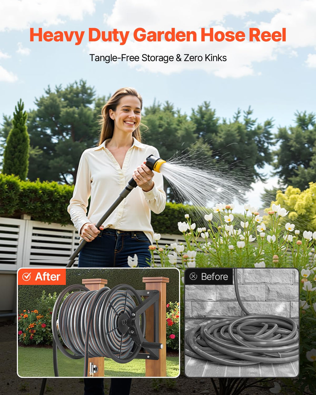 Wall Mounted Garden Hose Reel, Holds 200 ft 5/8-inch, Heavy-Duty Steel N154778