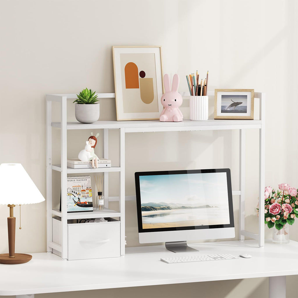 White Wood Desk Shelf with Drawer J351833