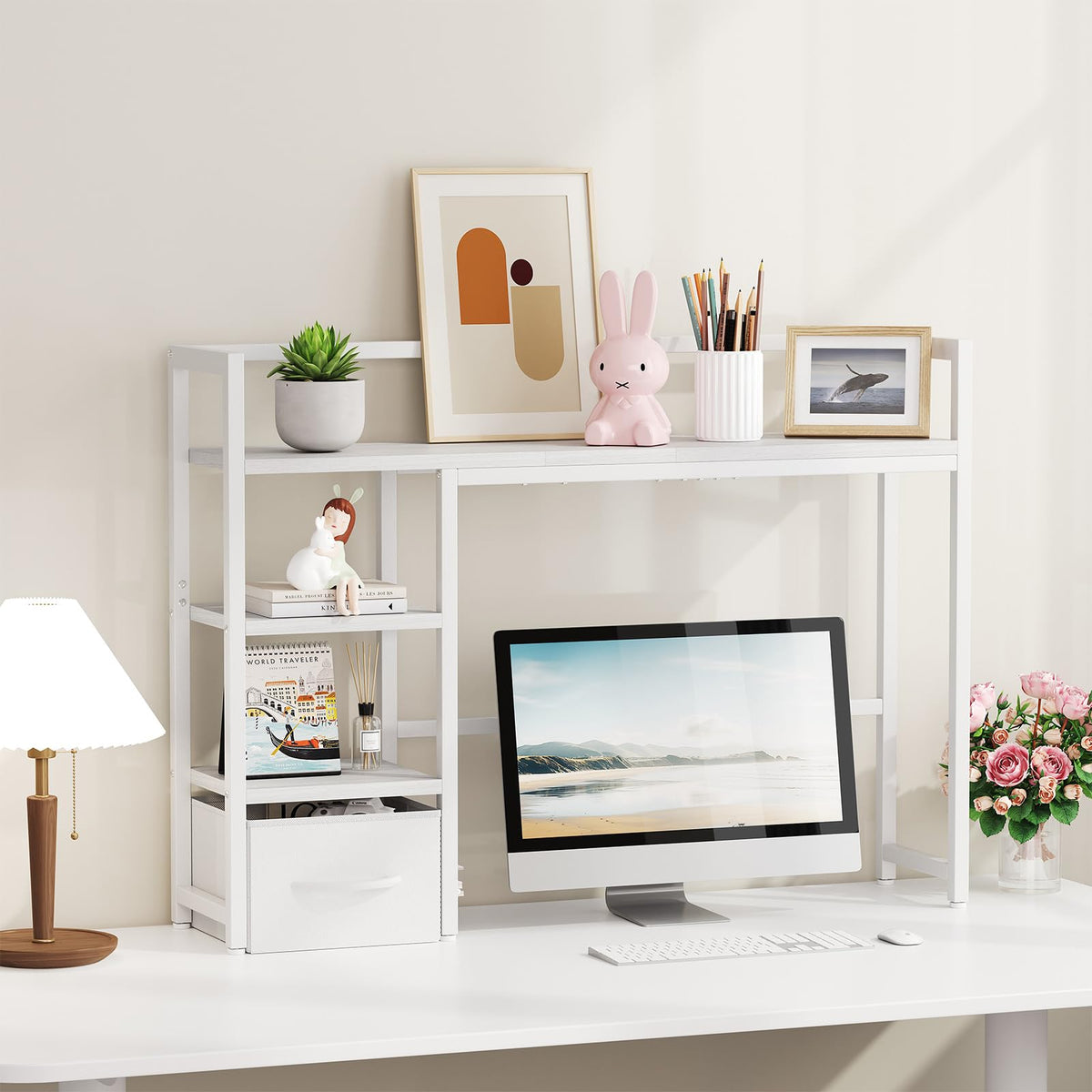 White Wood Desk Shelf with Drawer J351833