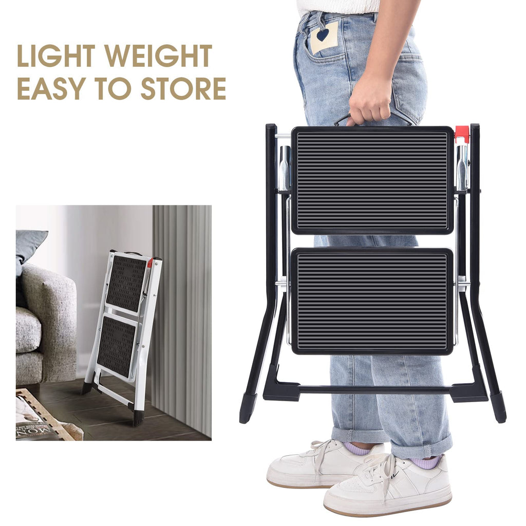 Folding Step Ladder, 2 Step Step Stool with Handle, Black D8750