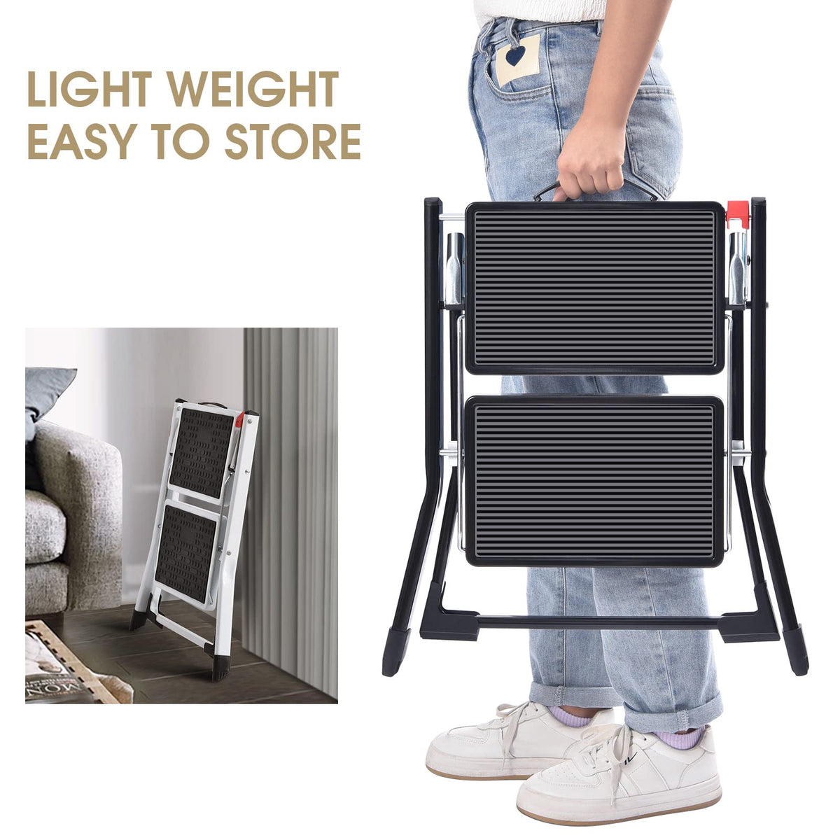 Folding Step Ladder, 2 Step Step Stool with Handle, Black D8750