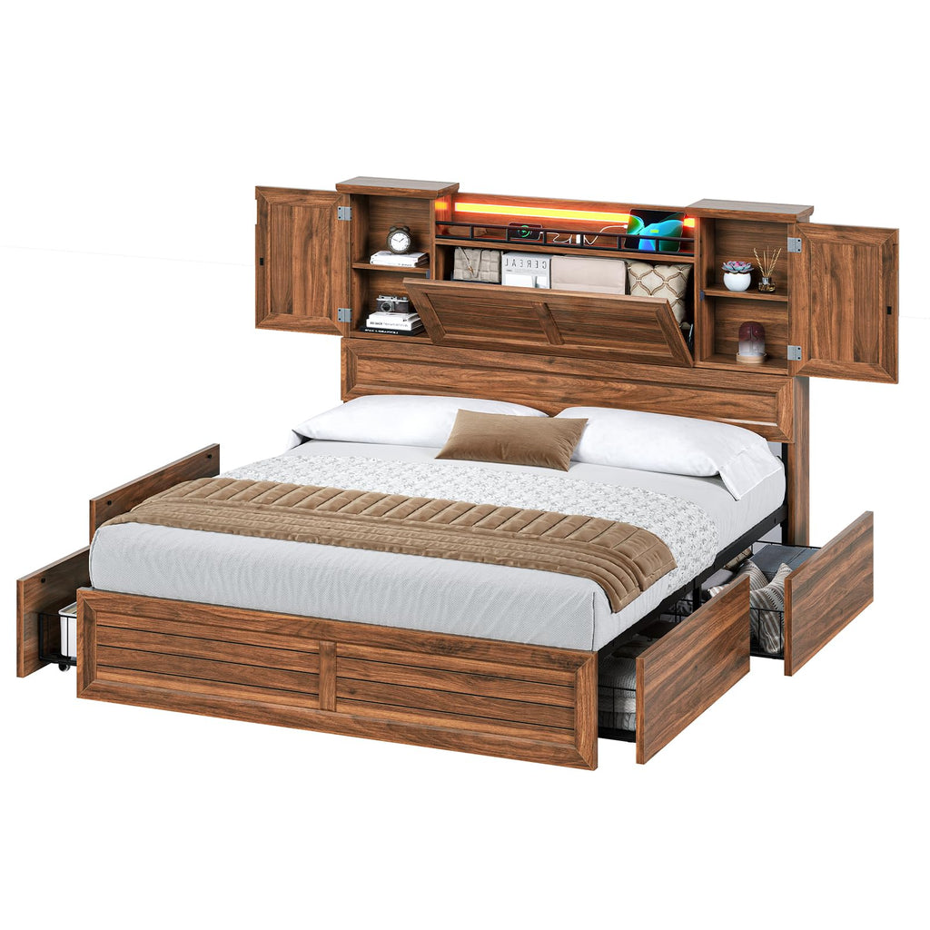 Queen Size Wooden Platform Bed Frame with Headboard Storage Drawers K21232