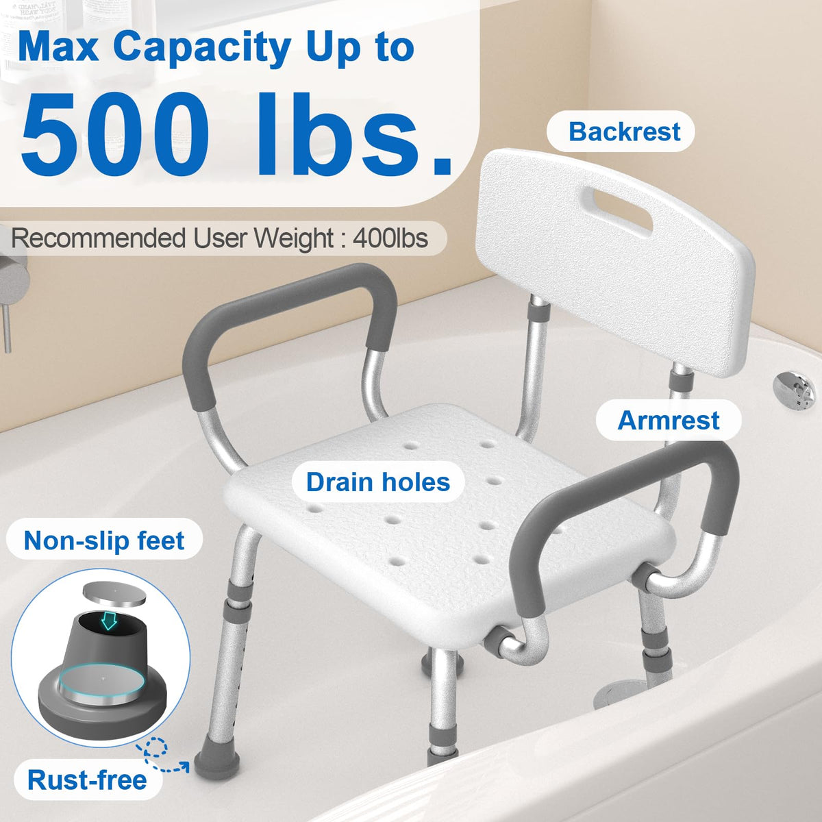 Shower Chair with Arms and Back and Bedside Commode with Padded Seat and Backrest Z318