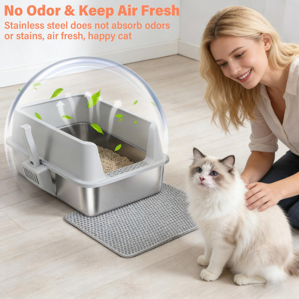 XL Stainless Steel Cat Litter Box with Lid and Scoop C775
