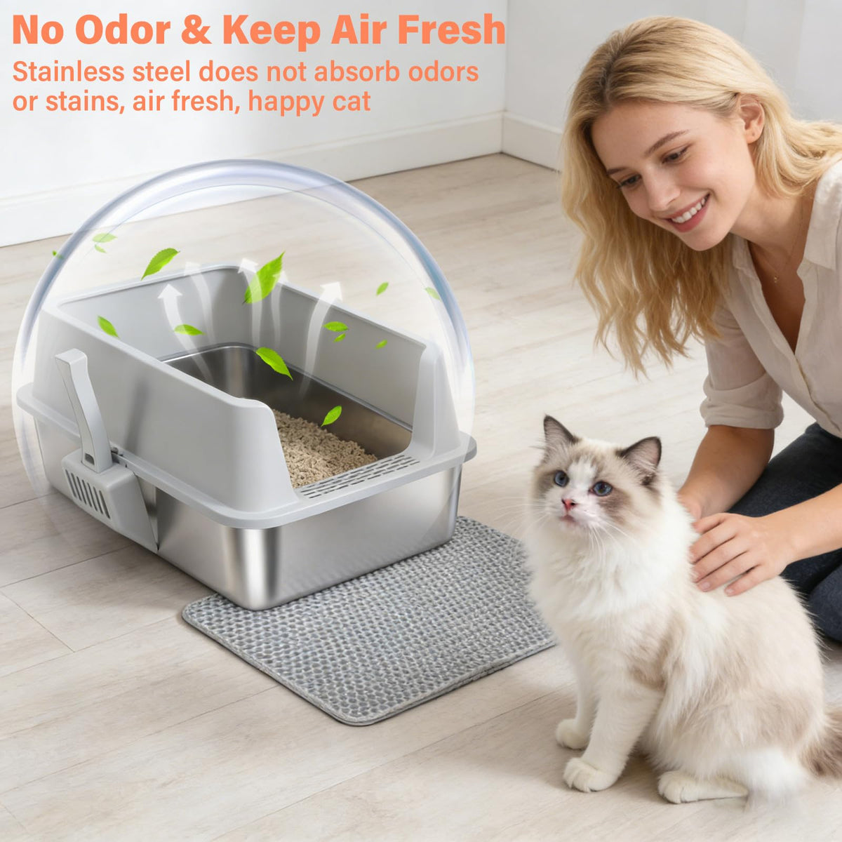 XL Stainless Steel Cat Litter Box with Lid and Scoop C775