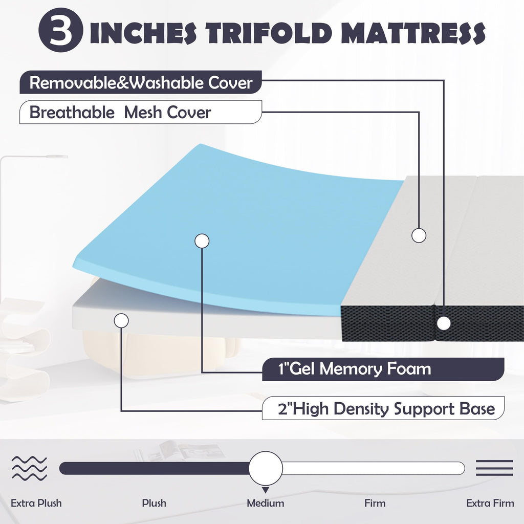Memory Foam Folding Mattress Full 3 Inch Trifold with Washable Cover M208691